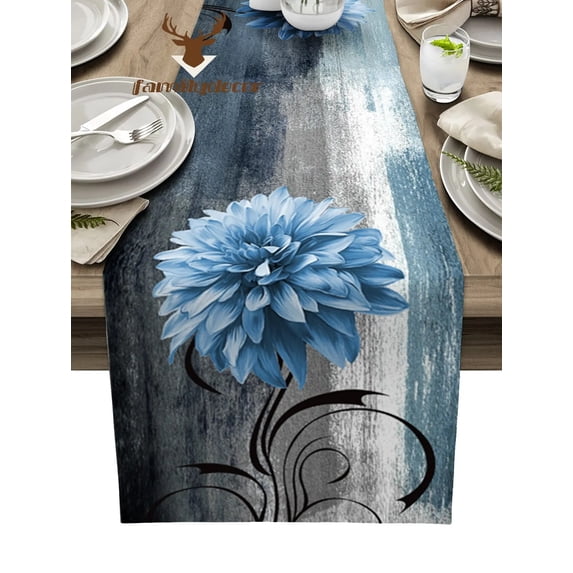 Dahlia Oil Painting Abstract Texture Plant Flower Blue Table Runner Home Wedding Table Mat Centerpieces Decor Dining Tablecloth