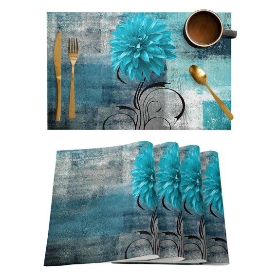 Dahlia Oil Painting Line Plant Aqua Dining Placemat Table Tableware Mats Kitchen Dish Mat Pad 4/6pcs Table Mat Home Decoration