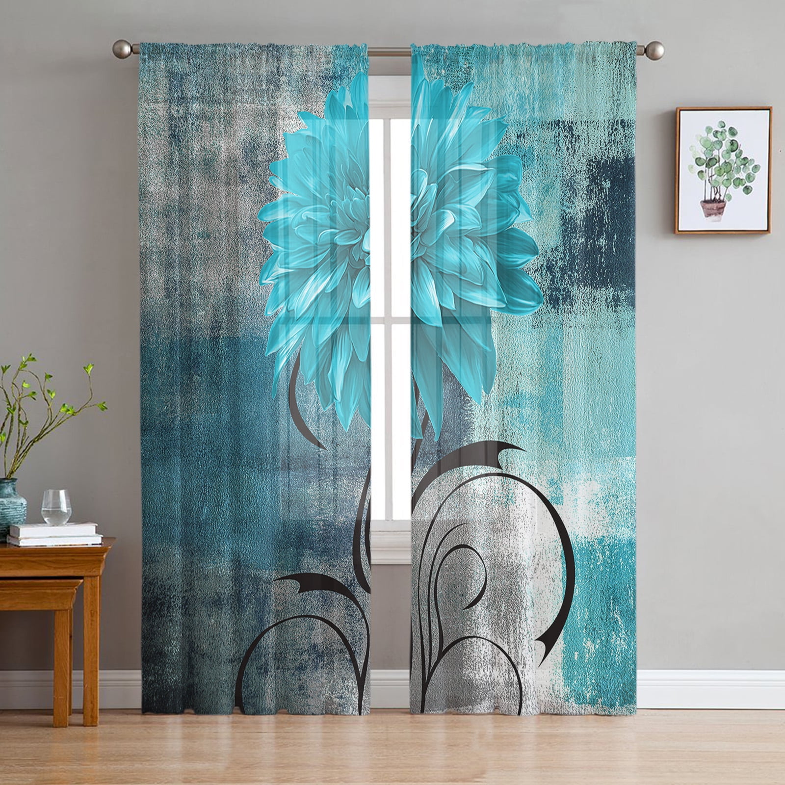 Dahlia Oil Painting Line Plant Yellow Sheer Curtains Living Room