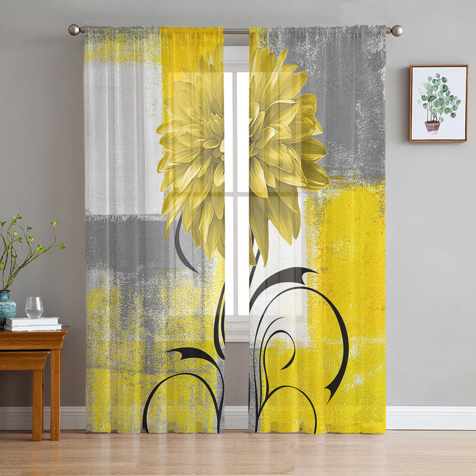 Dahlia Oil Painting Line Plant Yellow Sheer Curtains Living Room