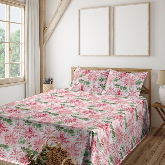 Dahlia Pattern Sheet Set, Vintage Boho Design Flower Pattern With Leaves Greenery Print, Fitted & Flat Sheet with Pillowcase Bedding Accent 3 Pcs Set, Twin, Fern Green and Dark Coral, by Ambesonne