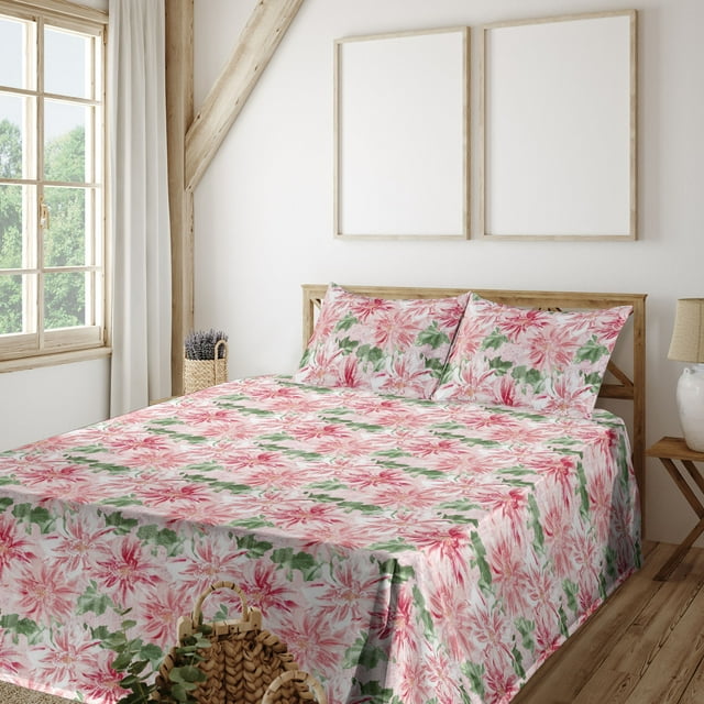 Dahlia Pattern Sheet Set, Vintage Boho Design Flower Pattern With Leaves Greenery Print, Fitted & Flat Sheet with Pillowcase Bedding Accent 3 Pcs Set, Twin, Fern Green and Dark Coral, by Ambesonne