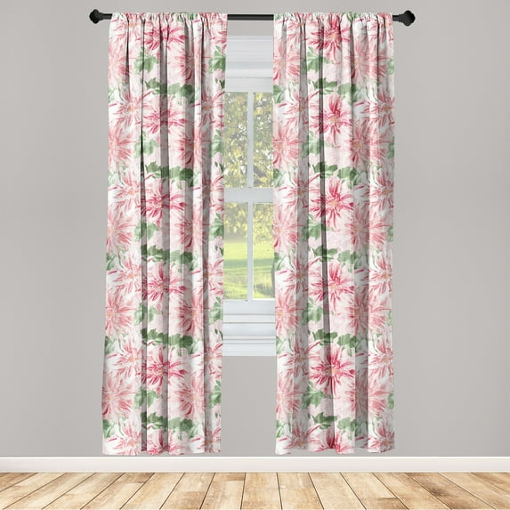 Dahlia Pattern Window Curtains, Vintage Boho Design Flower Pattern With Leaves Greenery Print, Lightweight Decor 2-Panel Set with Rod Pocket, Pair of - 28"x63", Fern Green and Dark Coral, by Ambesonne