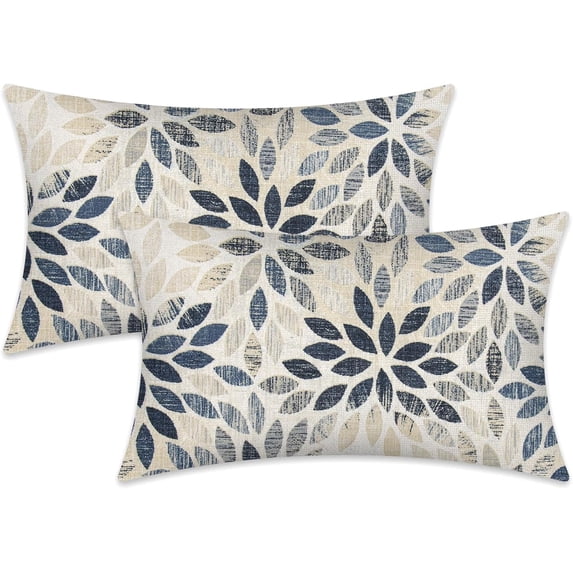 Dahlia Pillow Covers 12x20 Inch Set of 2 Summer Rust Geometric Flower Outdoor Decorative Throw Pillows Farmhouse Navy Blue Pillow Case Linen Square Cushion Cover for Home Sofa Living Room