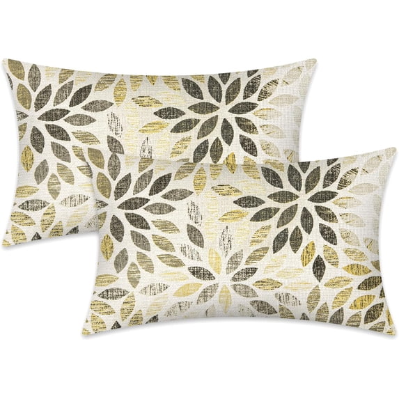 Dahlia Pillow Covers 12x20 Inch Set of 2 Summer Rust Geometric Flower Outdoor Decorative Throw Pillows Farmhouse Rust Yellow Pillow Case Linen Square Cushion Cover for Home Sofa Living Room