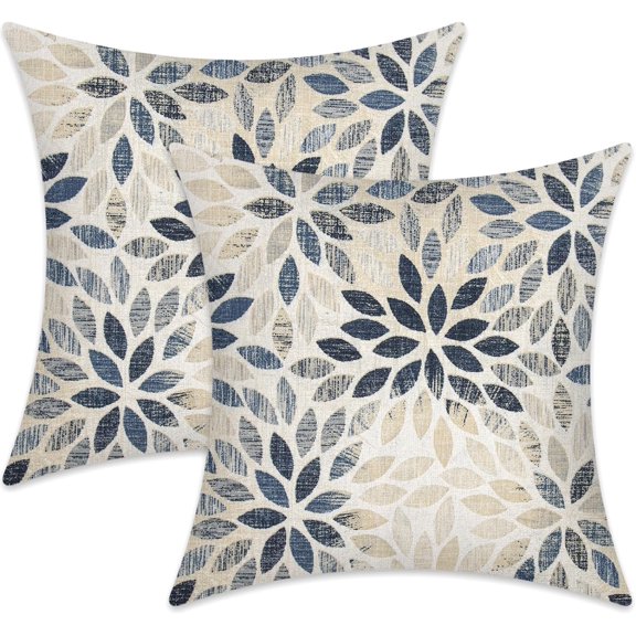 Dahlia Pillow Covers 18x18 Inch Set of 2 Summer Rust Geometric Flower Outdoor Decorative Throw Pillows Farmhouse Navy Blue Pillow Case Linen Square Cushion Cover for Home Sofa Living Room