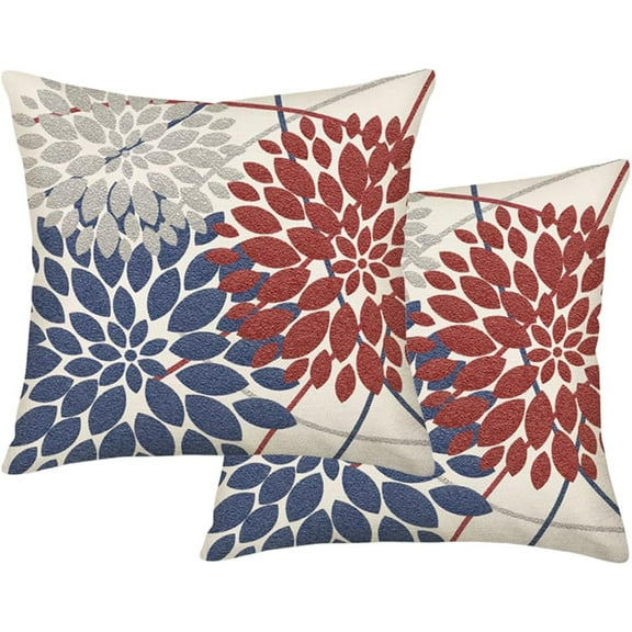 Dahlia Pillow Covers 20x20Inch Set of 2 Summer Geometric Dahlia Flower Outdoor Decorative Throw Pillows Farmhouse Navy Blue Pillow Case Linen Cushion Cover for Home Sofa Bedroom