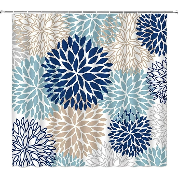Dahlia Pinnata Flower Shower Curtain Floral Navy Blue Brown Abstract Modern Fabric Home Bathroom Decor with Hooks(84" Wx72 H)