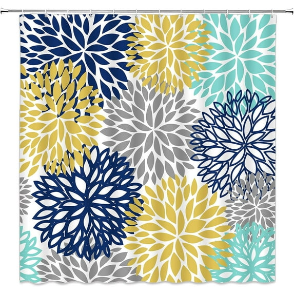 Dahlia Pinnata Shower Curtain Turquoise Navy Blue and Yellow Gray Teal Spring Flower Antique Colorful Floral Polyester Fabric Bathroom Curtains Set with Hooks 70x70 Inches,Navy Blue