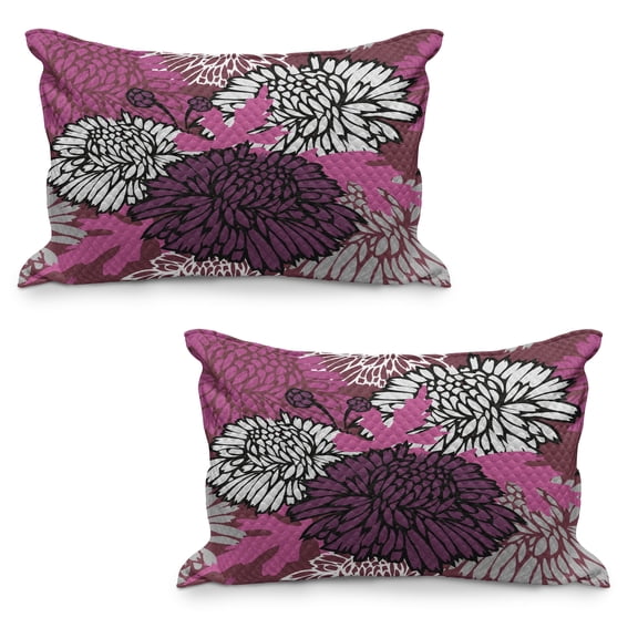 Dahlia Quilted Pillowcover Set of 2, Drawing of Large Chrysanthemum Blossoms and Buds in Shades of Purple, Standard Queen Size Pillow Cover Bedroom, 36" x 20", Pale Pink Eggplant White, by Ambesonne