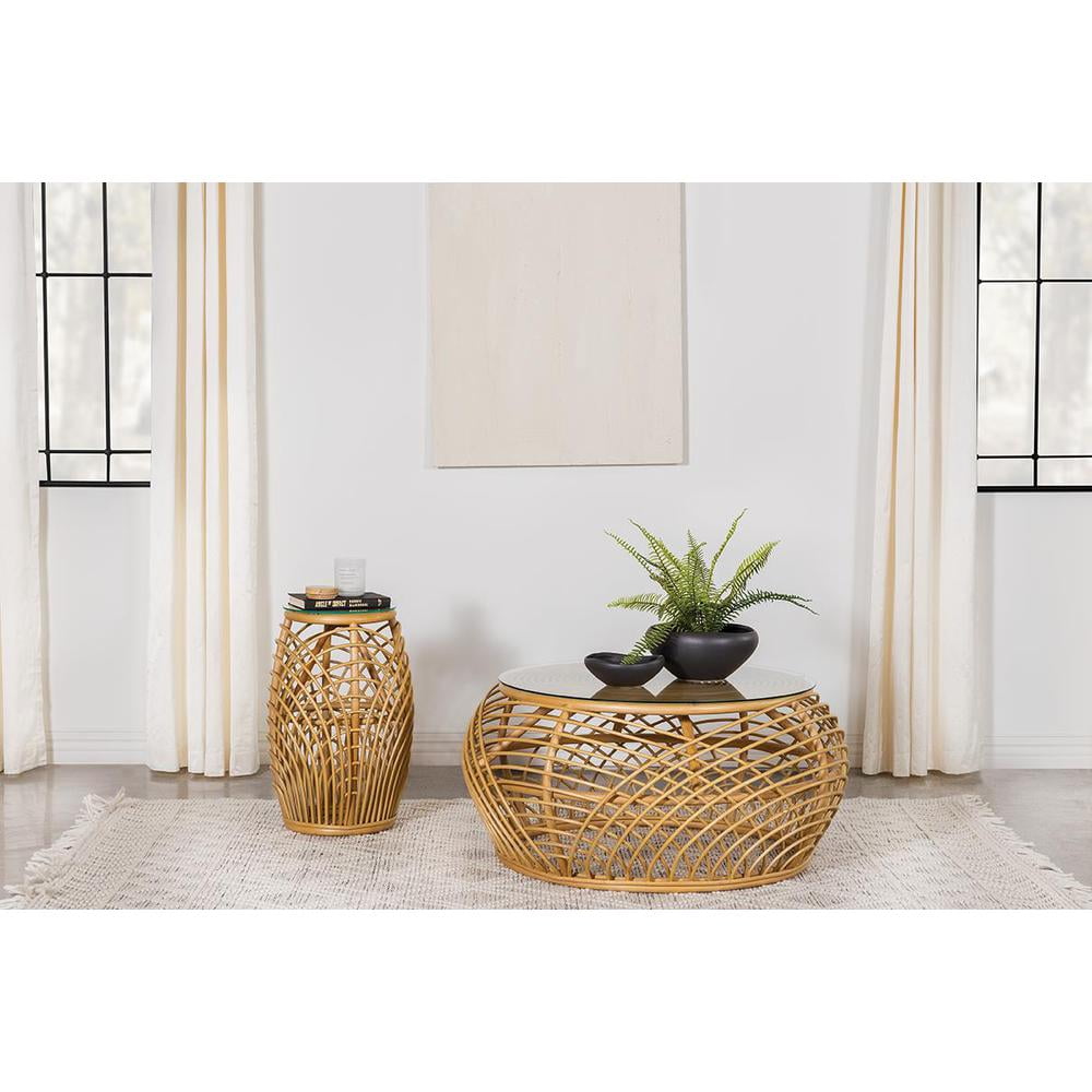 Dahlia Round Glass Top Rattan Coffee Table with Storage