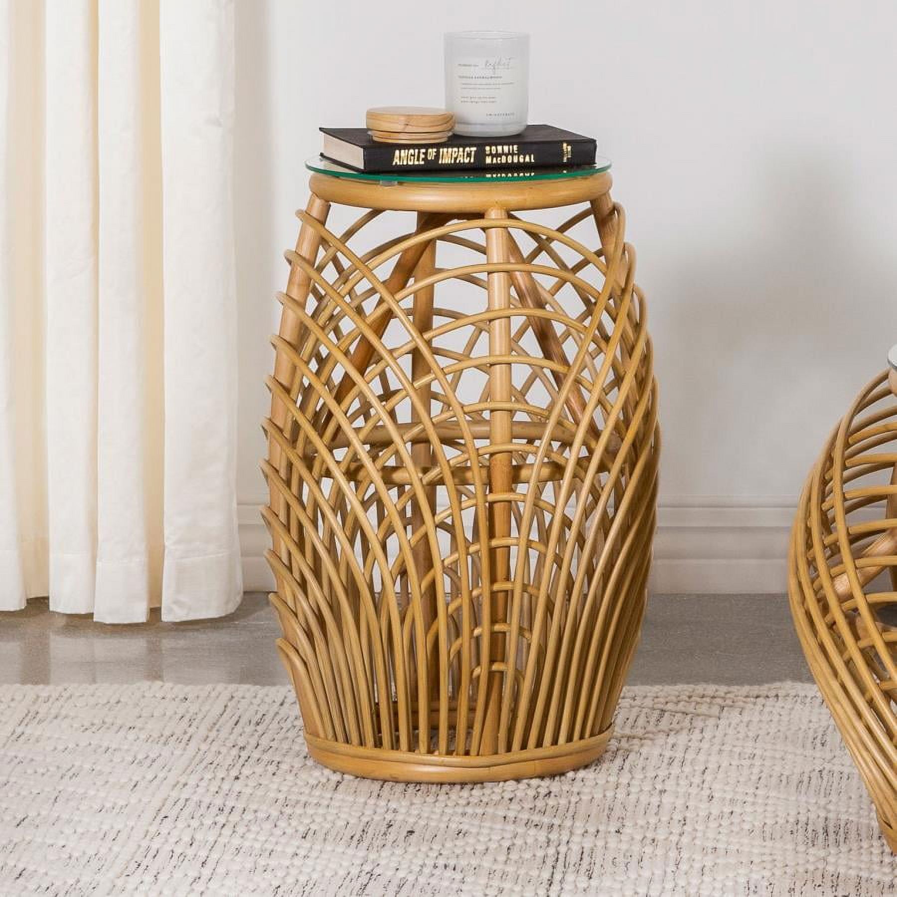 Natural Brown Rattan and Glass Round End Table