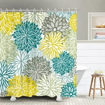 Dahlia Shower Curtain - Blue, Yellow & Gray, 72 x 72 Inch, Navy Brown, Pretty Unique Flower Bathroom Decor Set with 12 Hooks