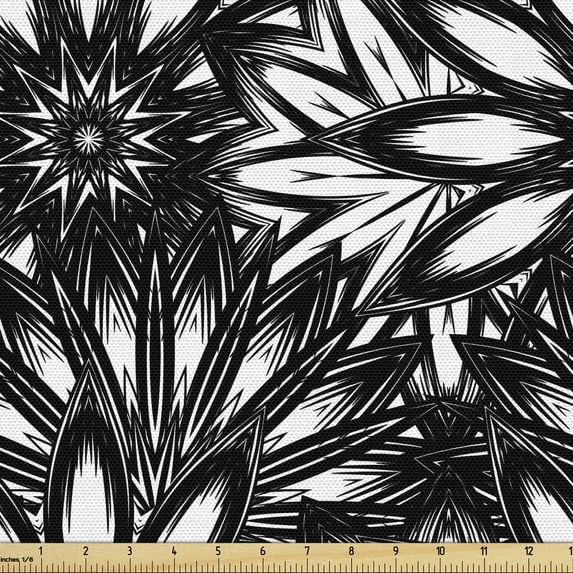 Ambesonne Dahlia Fabric by the Yard Upholstery, Campanula Herbs Exotic Leaf, 3 Yards, Black and White