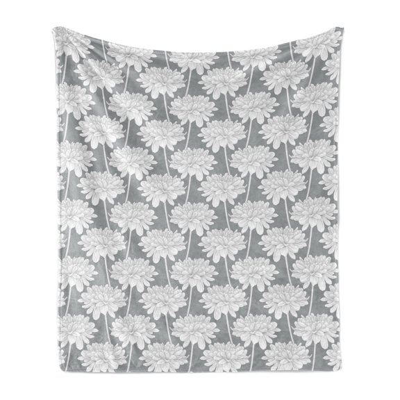 Dahlia Soft Flannel Fleece Blanket, Soft Toned Bloom Petals Motifs Floral Stems Essence Retro Flourish Design, Cozy Plush for Indoor and Outdoor Use, 70" x 90", Pale Grey and White, by Ambesonne