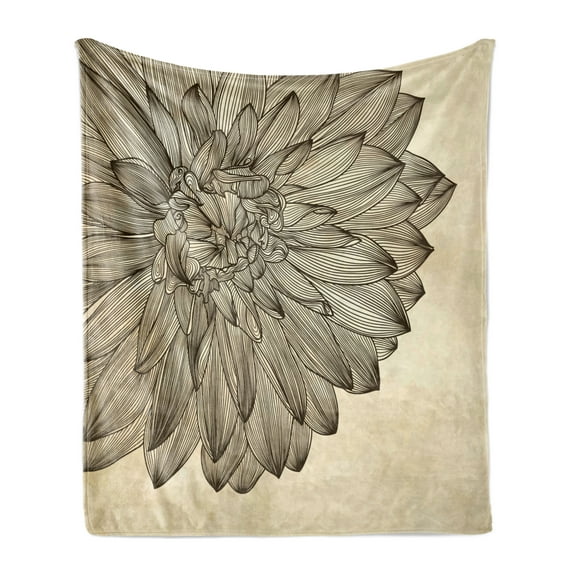 Dahlia Soft Flannel Fleece Throw Blanket, Engraving Style Drawing of a Big Blossom on Grungy Background Vintage Flower, Cozy Plush for Indoor and Outdoor Use, 60" x 80", Brown and Beige, by Ambesonne