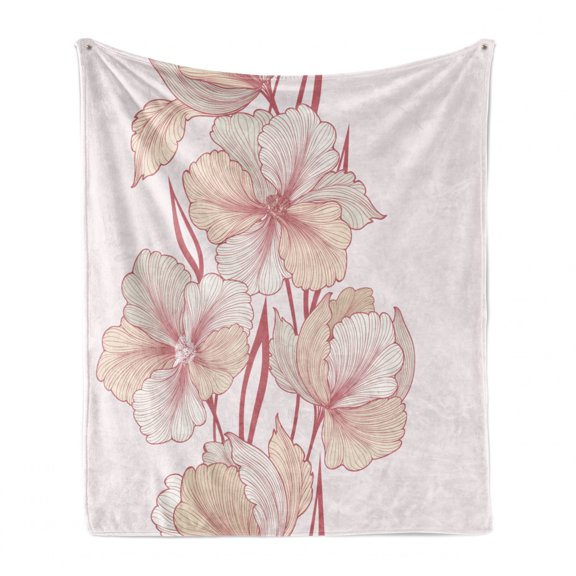 Dahlia Soft Flannel Fleece Throw Blanket, Romantic Vintage Toned Floral Bouquet Shabby Grace Feminine Garden, Cozy Plush for Indoor and Outdoor Use, 60" x 80", Pale Peach Dried Rose, by Ambesonne