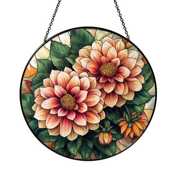 Dahlia Stained Glass Style Suncatcher – Round Floral Window Panel