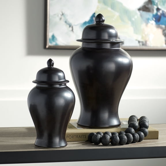 Dahlia Studios Alfano Onyx Black Ceramic Ginger Jar Urn Set of 2 with Lids