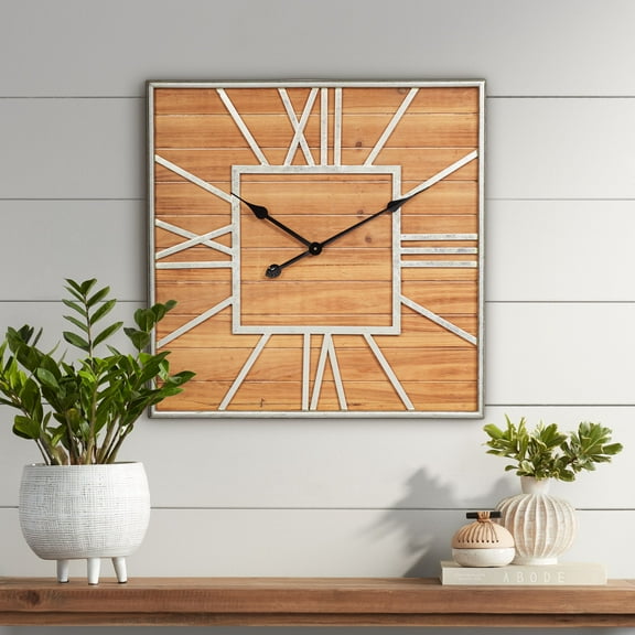 Dahlia Studios Caser Silver Metal and Brown Wood 23 1/2" Square Wall Clock
