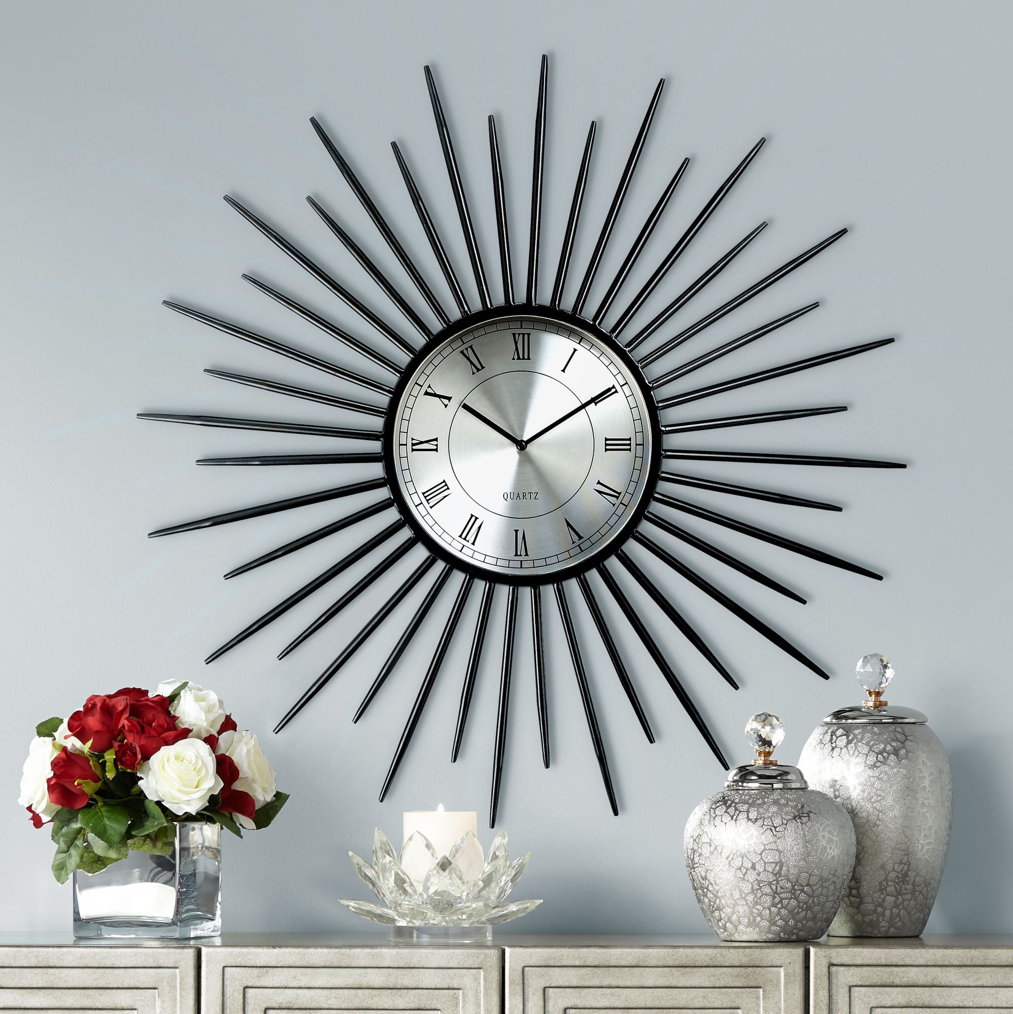 Black and Silver 31" Round Metal Sunburst Wall Clock
