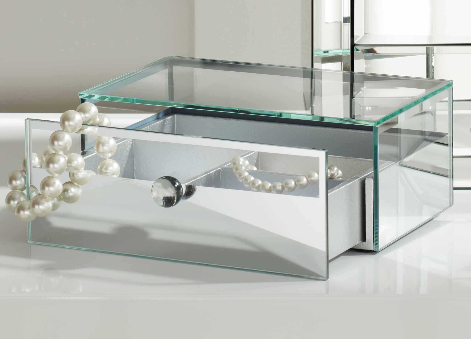 Mirrored Glass Rectangular Jewelry Box with Crystal Knob