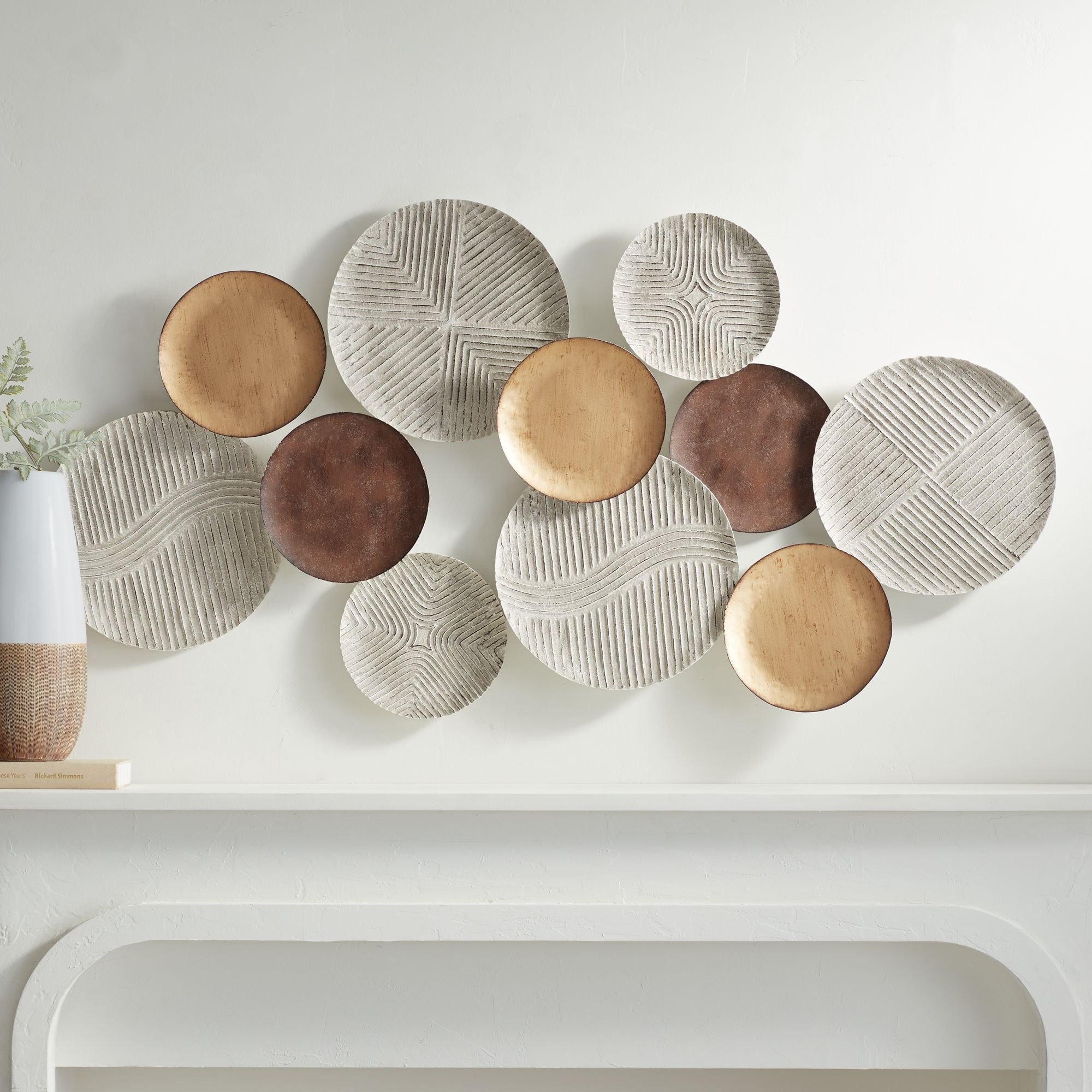 Gold Bronze White-Washed Geometric Metal Disk Wall Sculpture