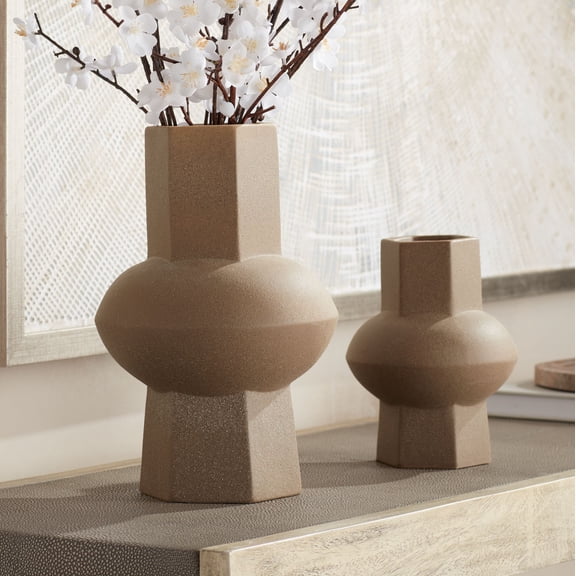 Dahlia Studios Emery Brown Ceramic Hexagonal Vases Set of 2