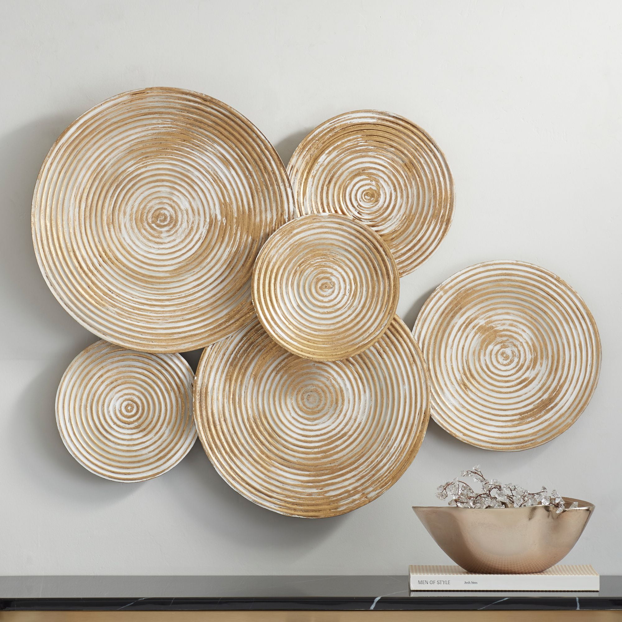 Gold and Cream-Washed Metal Disk Wall Sculpture
