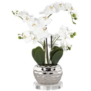 Dahlia Studios Potted Faux Artificial Flowers Realistic White Orchid in Silver Pot Round Riser for Home Decor Living Room 23 High