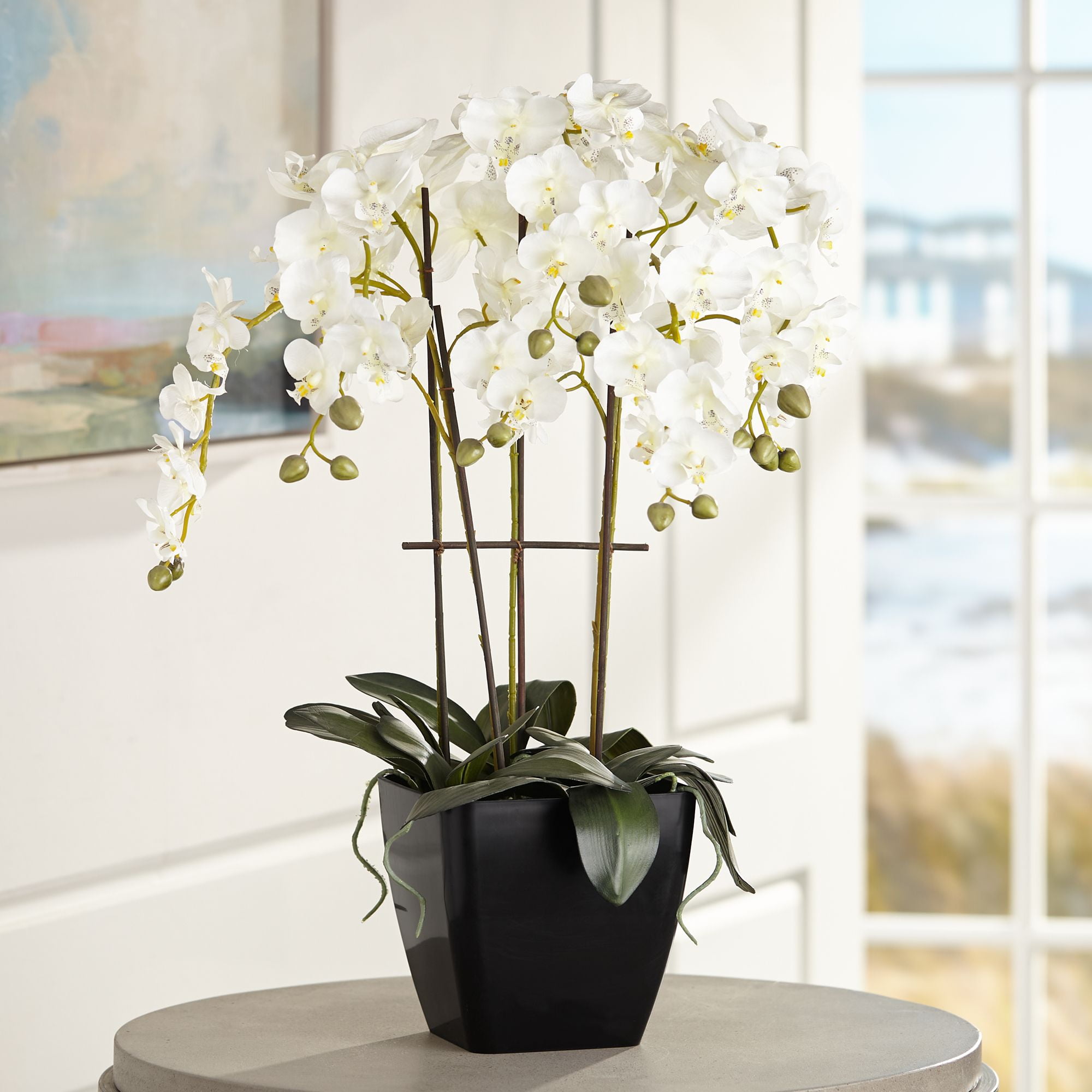 Dahlia Studios Potted Faux Artificial Flowers Realistic White Phalaenopsis Orchid in Black Pot for Home Decoration 25 1/2" High