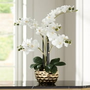 Dahlia Studios Potted Faux Artificial Flowers Realistic White Phalaenopsis Orchid in Gold Ceramic Pot Home Decoration 23 High