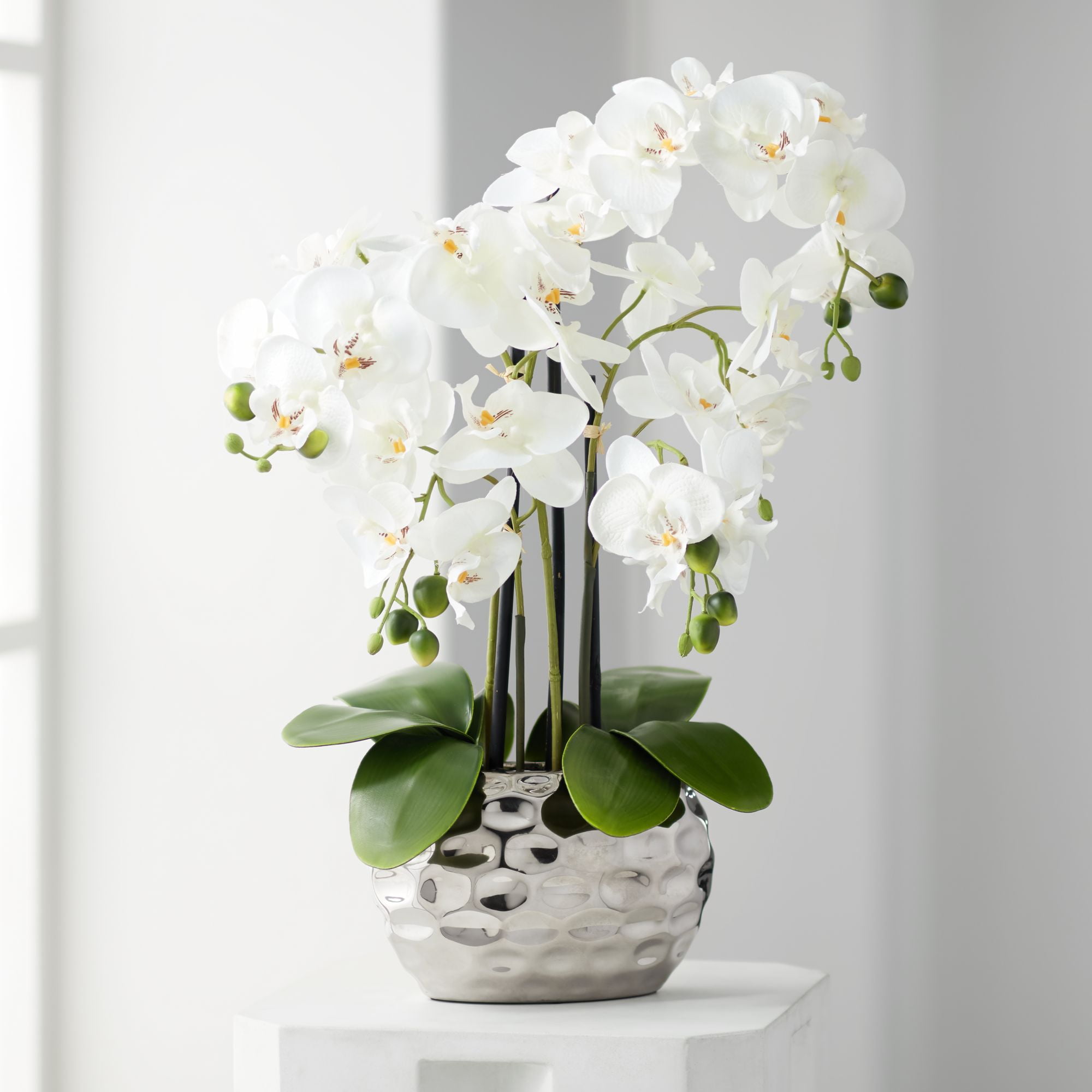 Dahlia Studios Potted Faux Artificial Flowers Realistic White Phalaenopsis Orchid in White Ceramic Pot Home Decoration 29" High