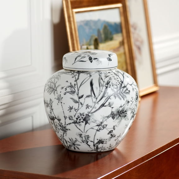 Dahlia Studios Prentiss 9" High Black and White Ceramic Ginger Jar with Lid