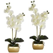 Dahlia Studios White Orchid 22 High Faux Flowers in Gold Ceramic Pot Set of 2