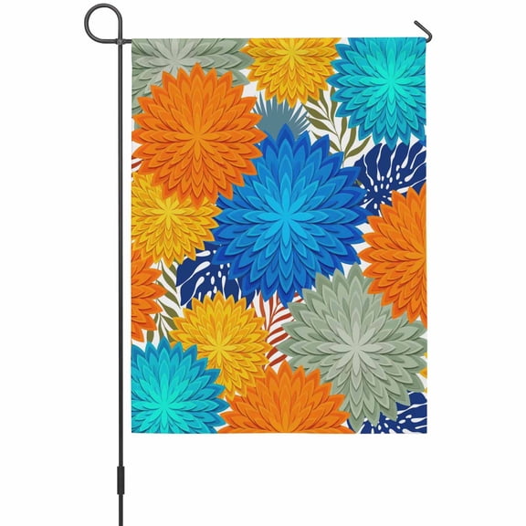Dahlias Bloom Garden Flag 12 x 18 Inches, Modern Exotic Minimalist Blue Yellow Orange Flowers Weather Proof Outdoor Patio Flags Double Sided Small Garden Decoration for Yard Outside Home
