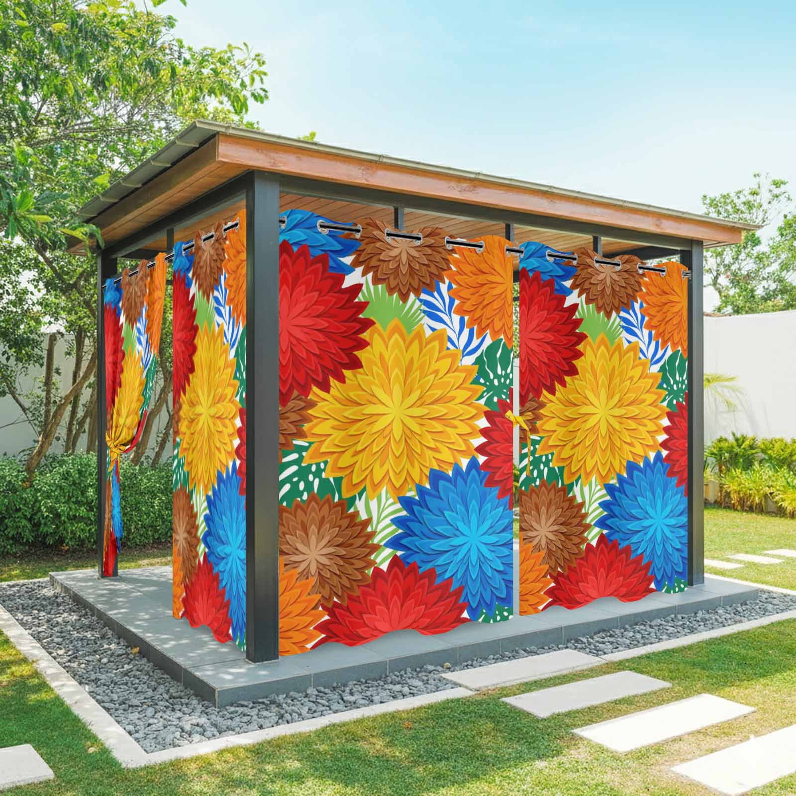 Dahlias Bloom Outdoor Curtains for Patio, Modern Exotic Minimalist Red Blue Yellow Orange Brown Flowers Sunshade Privacy Drapes Grommet Waterproof Outside Curtains for Porch Balcony 54"x108", 1 Panel