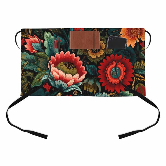 Dahlias Floral Kitchen Restaurant Half Waist Apron, Luxury Floral Leaves Boho Black Red Server Short Apron with 3 Pockets Waterproof Oil Waist Aprons for Women Waitress Waiter
