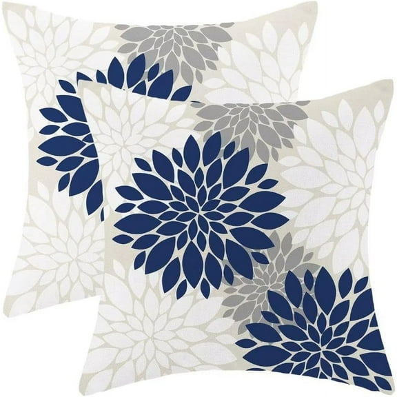 Dahlias Flowers Pillow Covers 18x18 Set of 2, Navy Blue White Grey Decorative Throw Pillow Covers Geometry Modern Linen Farmhouse for Couch Sofa Summer Home Outdoor Decor