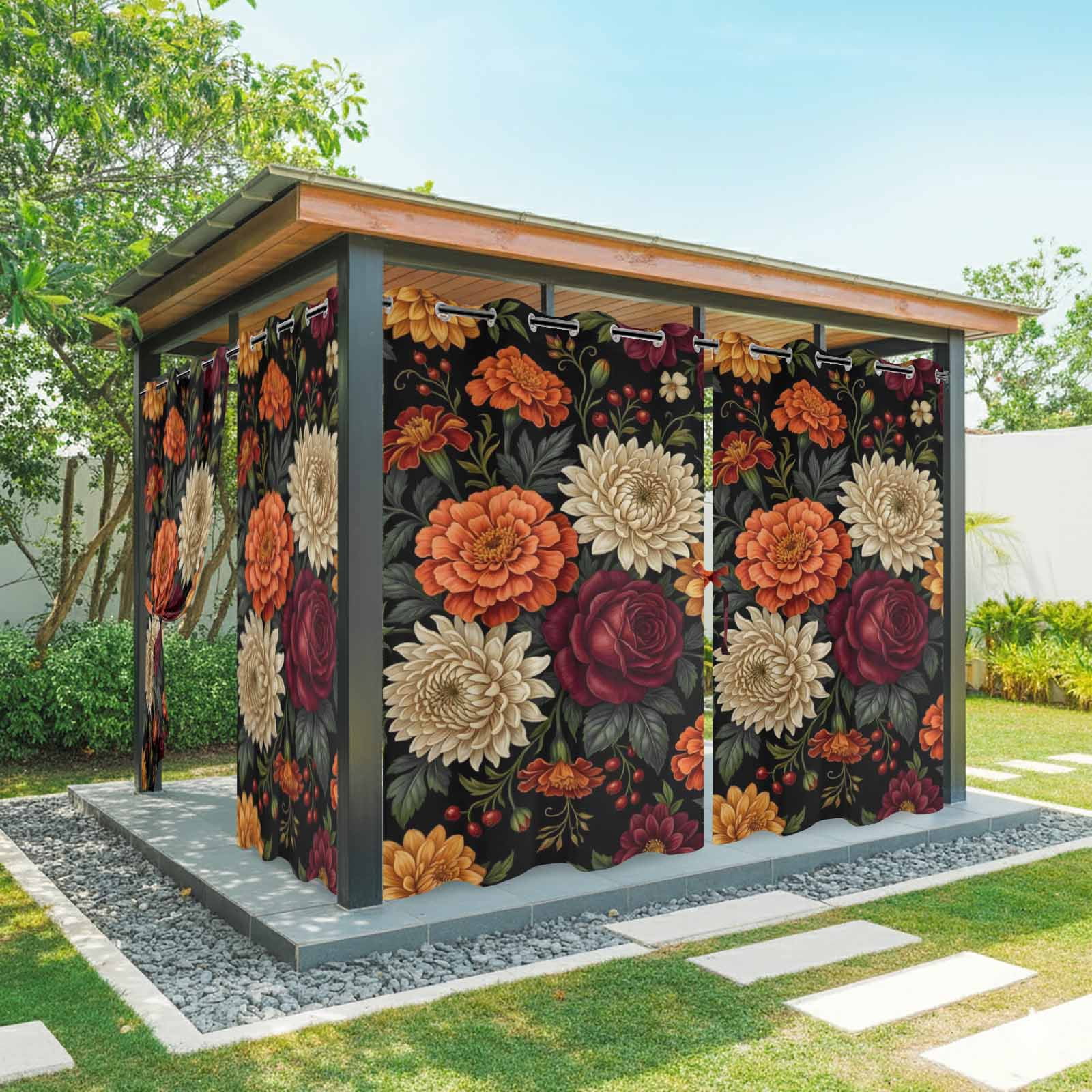 Dahlias Roses Outdoor Curtains for Patio, Country Watercolor Red Orange Flower Berry Green Leaf Sunshade Privacy Drapes Grommet Waterproof Outside Curtains for Porch/Cabana/Balcony 54"x 108", 1 Panel