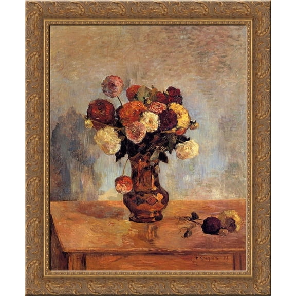 Dahlias in a copper vase 24x20 Gold Ornate Wood Framed Canvas Art by Paul Gauguin