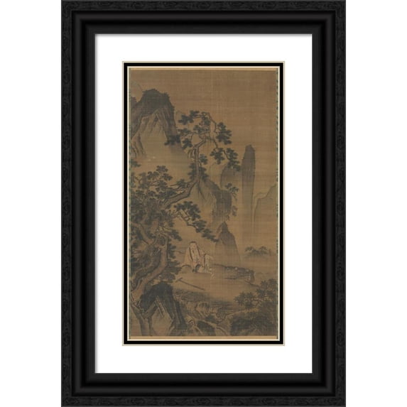 Dai Jin 12x18 Black Ornate Wood Framed Double Matted Museum Art Print Titled - The Hermit Xu You Resting by a Stream (1400s)