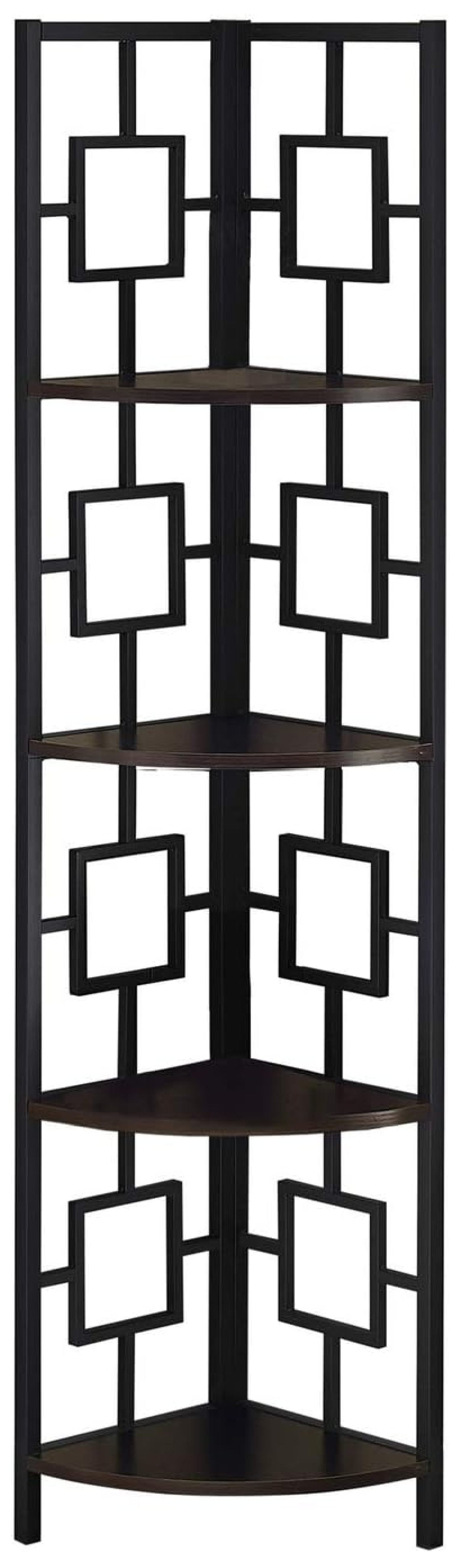 Espresso and Black Metal 4-Tier Corner Bookcase