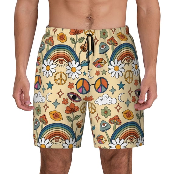 Daiia 70s Hippie Style Mens Swim Trunks Swim Shorts Quick Dry Swim Shorts with Mesh Lining Pockets-Medium