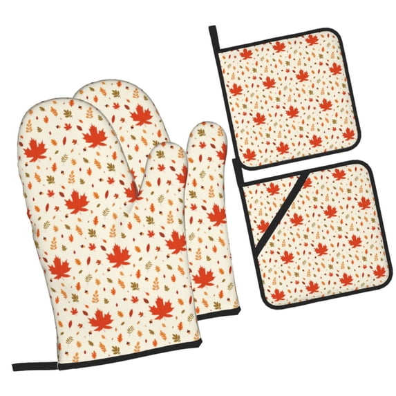 Daiia A Simple Autumn Pattern Oven Mitts and Pot Holders 4 pcs Set,High Heat Resistant 500 Degree Extra Thicken Long Kitchen Cotton Oven Glove