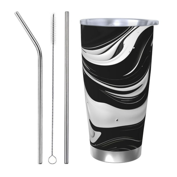 Daiia Abstract Black White Swirls Printed 20oz Insulated Coffee Cup with Straw Topper, Fully Spill Proof Travel Coffee Mug, Stainless Steel Tumbler for Work Home Outdoor Car-Straw Three-piece Set