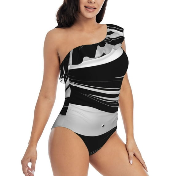 Daiia Abstract Black White Swirls Women's One Piece Swimsuits Personalized One Shoulder Swimwear Asymmetric Ruffle Bathing Suits-Medium