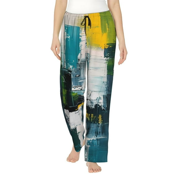 Daiia Abstract Brushstrokes Green Blue Women's Sleep Pant with Pockets and Drawstring,Pajama Pants-X-Large