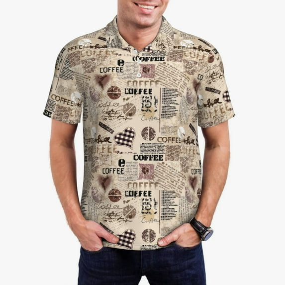 Daiia Abstract Coffee Pattern Men’s Polo Shirts,Solid Deck Shirt,Classic Fit, Breathable Cotton Polo for Casual and Sport Wear-Small