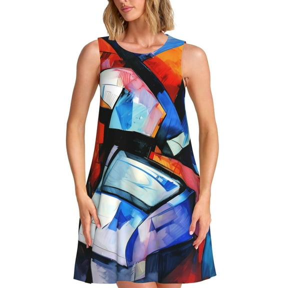 Daiia Abstract Cubist Printer Print Women's Dresses 2025 Trendy Short sleeve Dresses Casual Baggy Flowy Maxi Sun Dresses